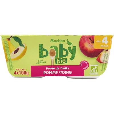 Auchan Baby Bio Dessert Pomme Coing Bio Coupelles Bébé dès 4 mois, 4x100g