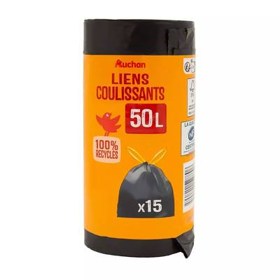 Auchan Sacs poubelle avec liens coulissants 50L, 15 sacs poubelles
