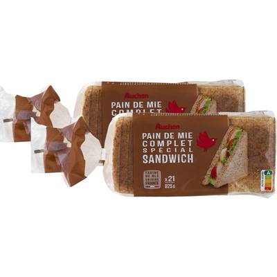 Auchan Pain de Mie Complet avec Croûte Spécial Sandwich, Lot de 2x825g