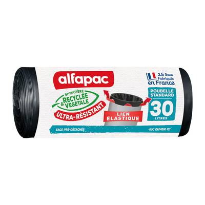 Alfapac Sacs-poubelle 30L à lien élastique ultra-résistant, 15 sacs poubelles  de 30L
