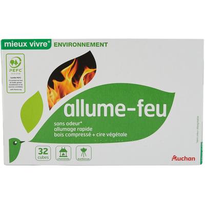 Auchan Mieux Vivre Allume-feu au bois compressé et cire végétale, 32 cubes