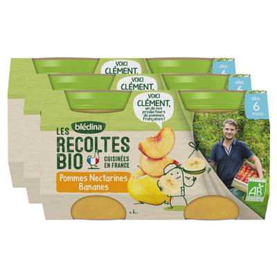 Blédina - Les Récoltes Bio Pomme Nectarine Banane Bio Pot Bébé Dès 6 mois, Lot de 3x2x130g