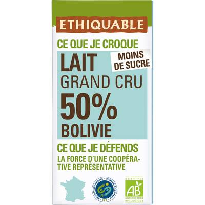 Ethiquable - Commerce Equitable Chocolat Lait 50% Cacao Bio de Madagascar, 100g