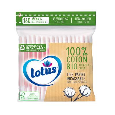 Lotus Coton-tiges avec tiges en papier et coton Bio, 160 cotons-tiges