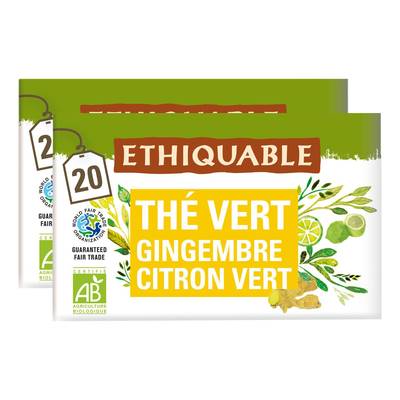 Ethiquable - Commerce Equitable Thé vert gingembre citron vert bio de Ceylan- 20 sachets, Lot de 2x36g