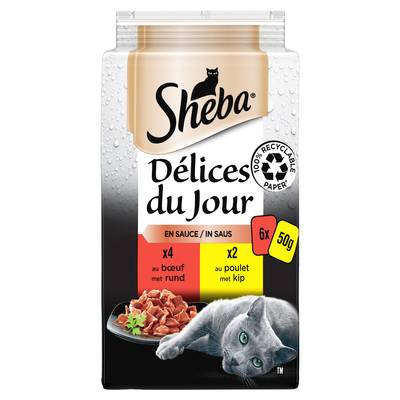 Sheba - Délices du Jour Sachets en Sauce du Boucher Boeuf, Poulet pour chat, 6x50g