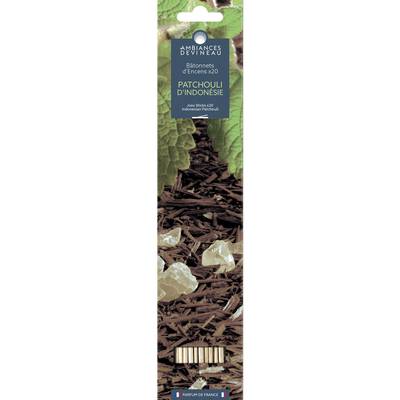 Ambiances Devineau Bâtonnets d'encens parfumés patchouli d'Indonésie, 20 pièces