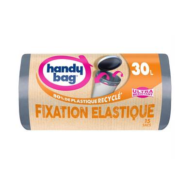 Handy Bag Sacs poubelle 30L fixation élastique & poignées coulissantes, 15 sacs de 30L
