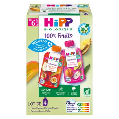 Hipp - 100% Fruits 2 Variétés Purées de Fruits Bio Gourde Bébé Dès 6 mois, 4x90g