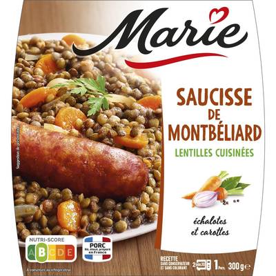 Marie Saucisse de Montbéliard, Lentilles Cuisinées, Echalote et Carottes, 300g
