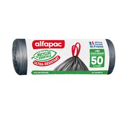 Alfapac Sacs-poubelle lien coulissant 50l ultra résistant, 50L X 10 sac poubelles