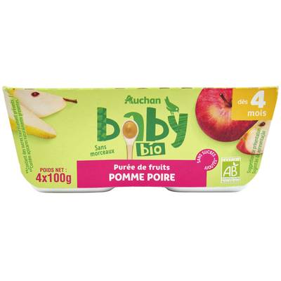 Auchan Baby Bio Dessert Pomme Poire Bio Coupelles Bébé dès 4 mois, 4x100g