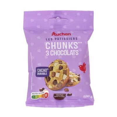Auchan Pépites de 3 chocolat blanc-lait-noir, 100g
