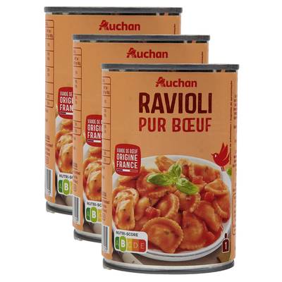 Auchan Ravioli pur boeuf viande bovine origine France, Lot de 3x400g