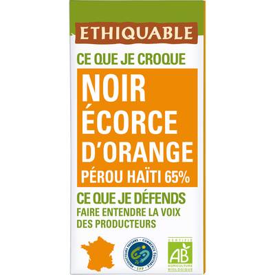 Ethiquable - Commerce Equitable Chocolat Noir Orange confite 65% Cacao Bio du Pérou ou Haïti, 100g