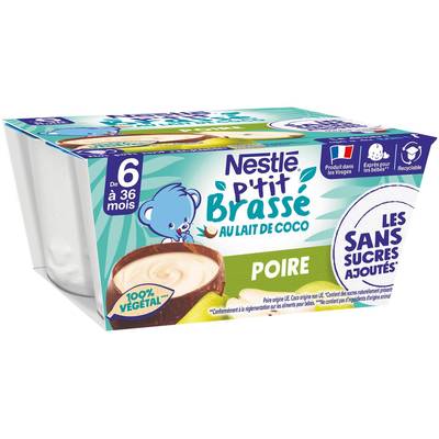 Nestlé - P'tit Brassé Dessert Végétal Lait de Coco Poire Sans Sucres Ajoutés Coupelle Bébé Dès 6 mois, 4x90g