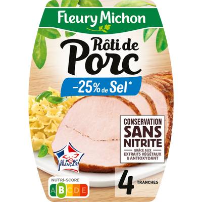 Fleury Michon Rôti de Porc Cuit, Taux de Sel Réduits -25%*, 4 tranches - 160g