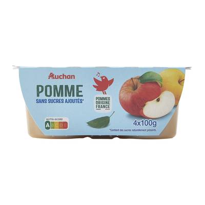Auchan Coupelles purée de pomme nature sans sucres ajoutés, 4x100g