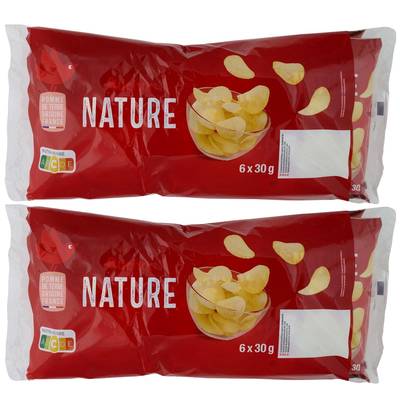 Auchan Chips nature fines et croustillantes en sachets individuels, Lot de 2x6x30g