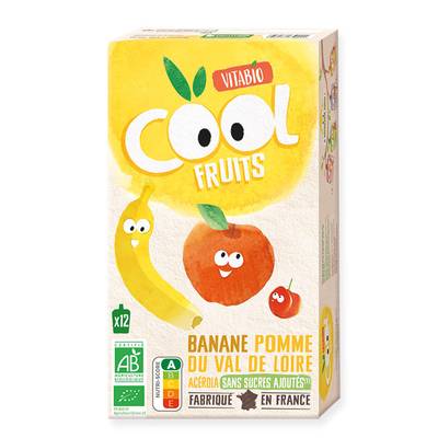 Vitabio - Cool Fruits Banane, Pomme du Val de Loire, Acérola Bio - Purée de Fruits en gourde, 12x90g
