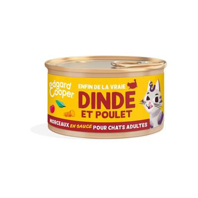 Edgard Cooper Boîte Morceaux en sauce Dinde et Poulet sans céréales pour Chat Adulte, 85g