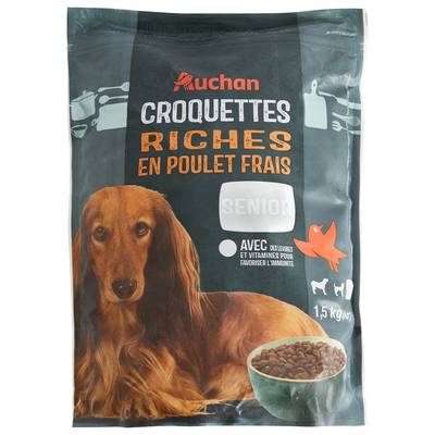 Auchan Croquettes riches en poulet frais pour petit chien senior, 1,5kg