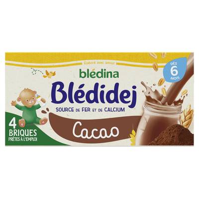 Blédina - Blédi'dej Céréales lactées saveur cacao Brique Bébé Dès 6 mois, 4x25cl