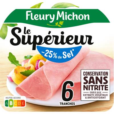 Fleury Michon Jambon Supérieur,  Taux de Sel Réduit -25%*, Conservation sans Nitrites, 6 tranches - 210g