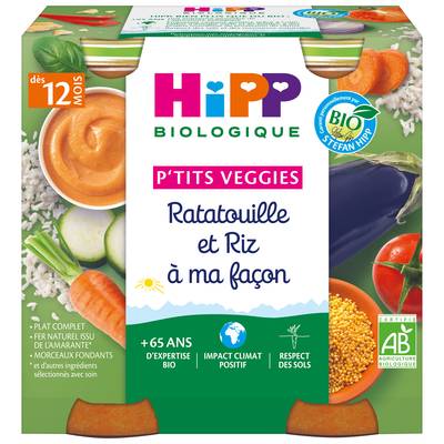 Hipp - P'tits Veggies Ratatouille et Riz à ma façon Bio Pot Bébé Dès 12 mois, 2x250g