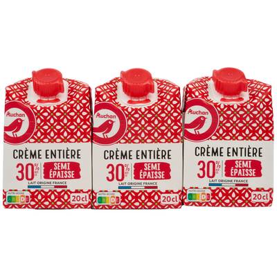 Auchan Crème semi-épaisse entière 30%mg UHT, 3x20cl