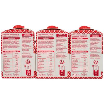 Auchan Crème semi-épaisse entière 30%mg UHT, 3x20cl
