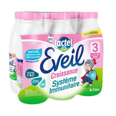 Lactel Eveil Lait de Croissance 3 Système Immunitaire Liquide pour Bébé Dès 12 mois, 6x1L