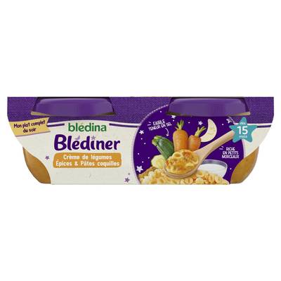 Blédina - Blédîner Crème de Légumes aux Epices Douces et Pâtes Coquilles Bol Bébé Dès 15 mois, 2x100g