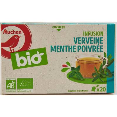 Auchan BIO Infusion verveine et menthe poivrée Bio, 20 sachets