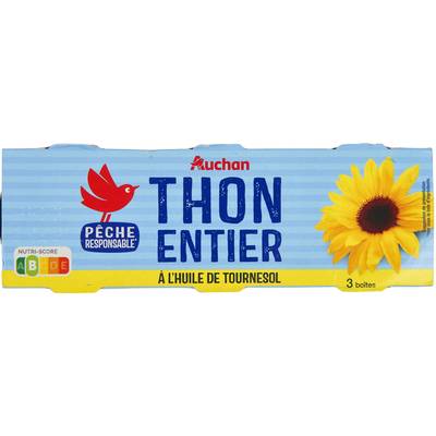 Auchan Thon entier à l'huile de tournesol, 3x52g