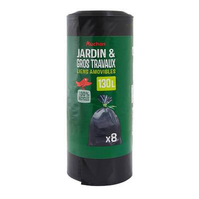 Auchan Sacs poubelle 100% recyclés pour jardins et gros travaux avec liens amovibles 130l, 8 sacs poubelles