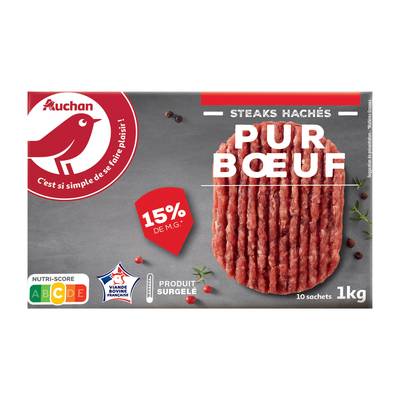 Auchan Steak haché pur boeuf 15%mg, 10x100g