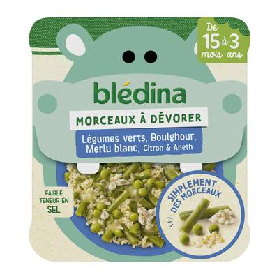 Blédina - Morceaux à dévorer Légumes Verts Merlu Blanc Boulghour Citron et Aneth Assiette Bébé Dès 15 mois, 200g