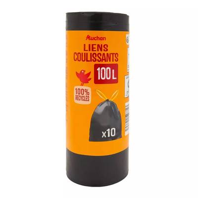 Auchan Sacs poubelle avec cordon 100L, 10 sacs poubelles