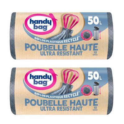 Handy Bag Sac poubelle 50 L à lien ultra résistant, Lot de 2x10 sacs de 50L