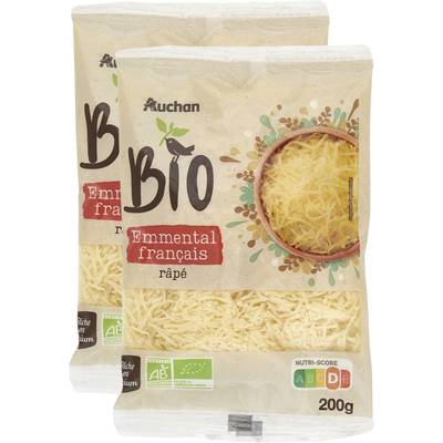 Auchan BIO Emmental râpé français Bio, Lot de 2x200g