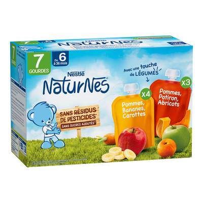 Nestlé - Naturnes Multipack aux Fruits et touche de Légumes Gourdes Bébé Dès 6 mois, 7x90g