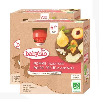Babybio Pomme, Poire, Pêche Bio Gourde Bébé Dès 6 mois, Lot de 2x4x90g