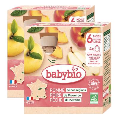 Babybio Pomme, Poire, Pêche Bio Gourde Bébé Dès 6 mois, Lot de 2x4x90g