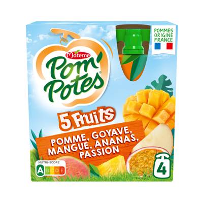 Pom Potes 5 fruits Pomme tropical, 4 gourdes de 90g