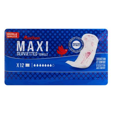 Auchan Serviettes hygiéniques maxi sans ailettes, 12 serviettes