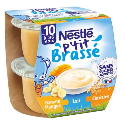 Nestlé - P'tit Brassé Dessert Lacté Banane Mangue Céréales Sans Sucre Ajouté Bol Bébé Dès 10 mois, 2x115g