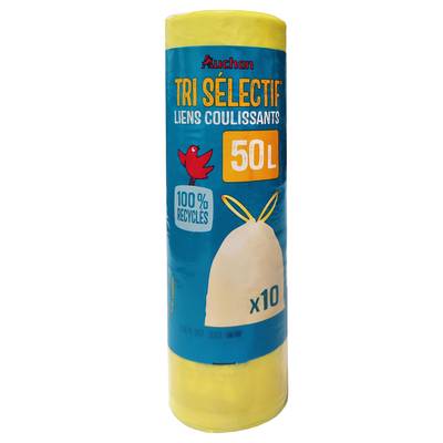 Auchan Sacs poubelle tri sélectif à liens coulissants 50L, 10 sacs poubelle