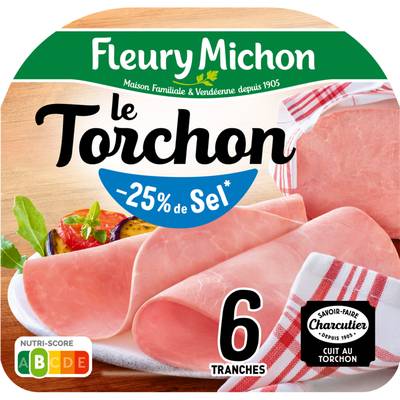 Fleury Michon Jambon Le Tranché Fin Torchon, Taux de Sel Réduit - 25%*, 6 tranches - 180g