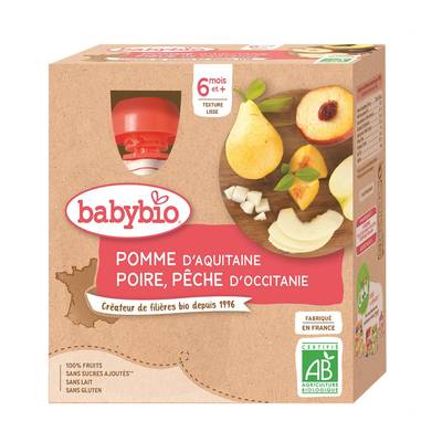 Babybio Pomme, Poire, Pêche Bio Gourde Bébé Dès 6 mois, 4x90g